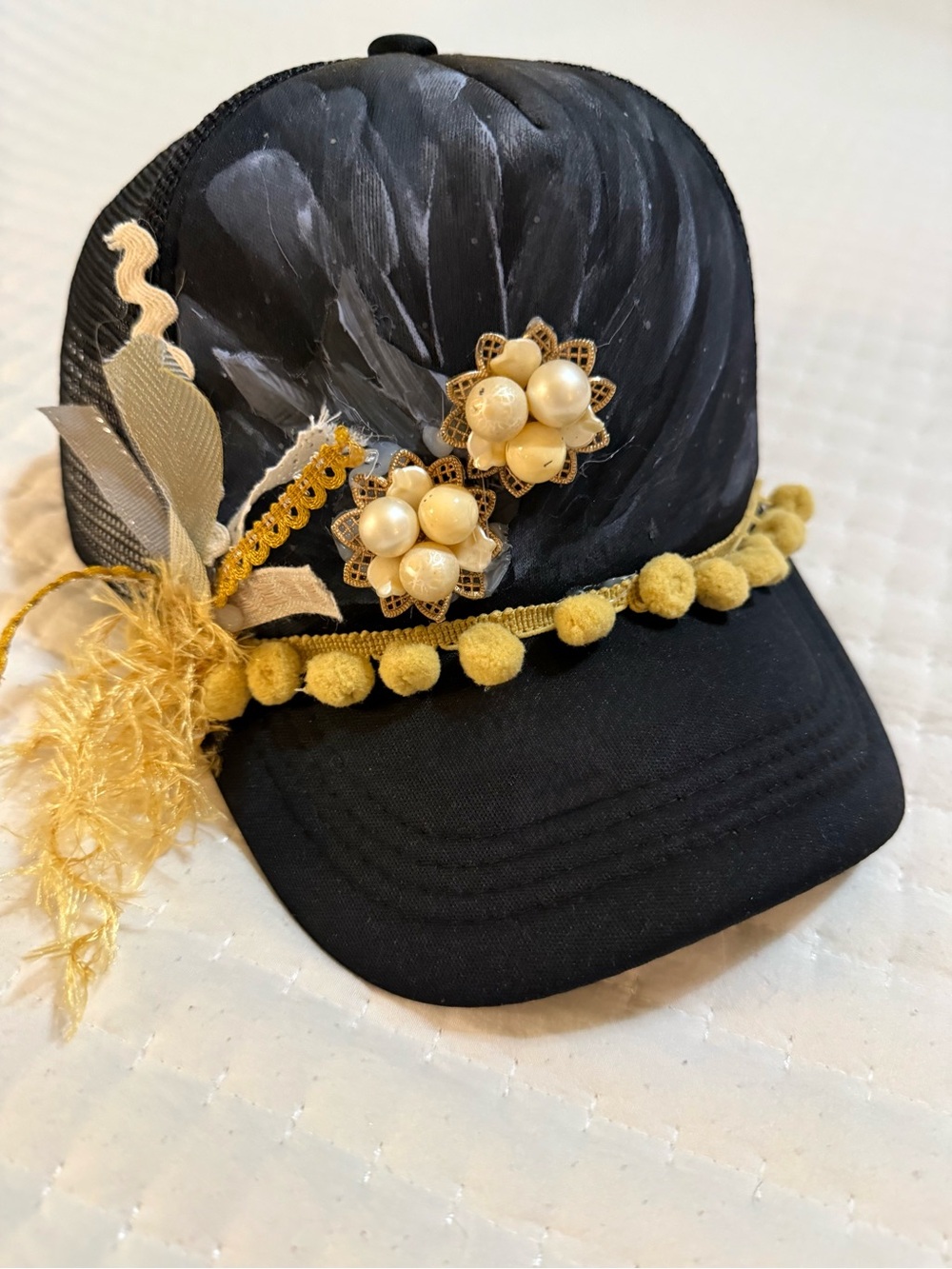 Trendy boutique Black Cap with Gold Embellishments and Pearl Flowers